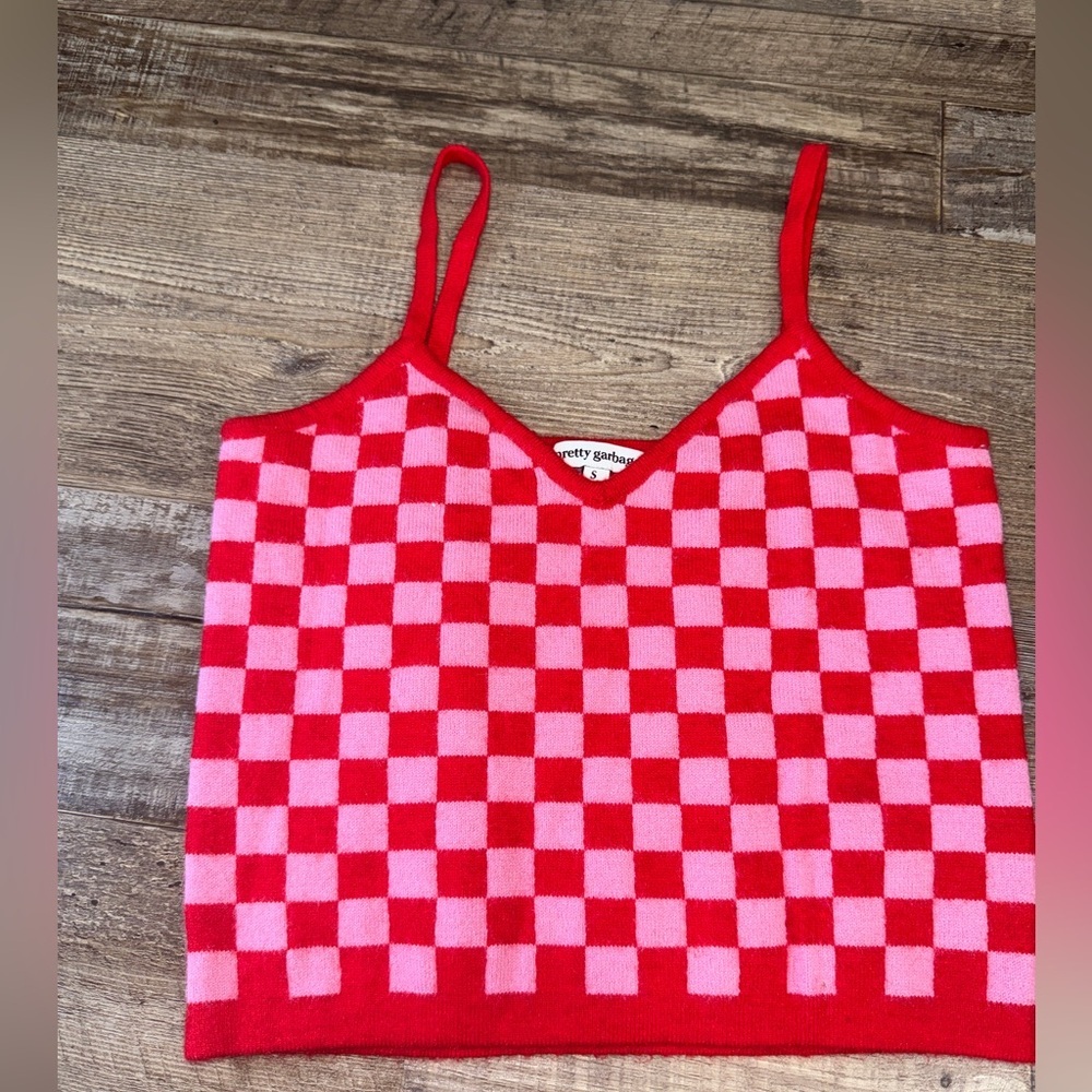 Pretty Garbage Red Pink Checkerboard Knit Cami Small Y2K Crop Tank